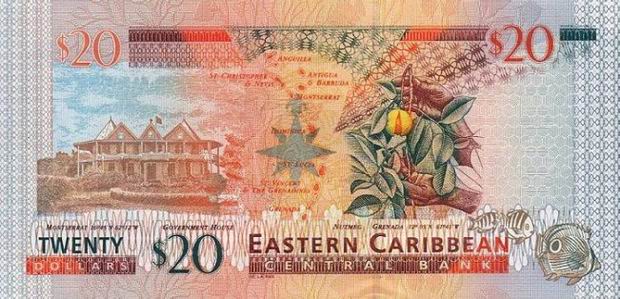 Купюра номиналом 20 восточнокарибских долларов, обратная сторона